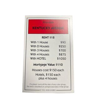 Monopoly Here Now Kentucky Ave Property Title Deed Card Replacement 2008 u